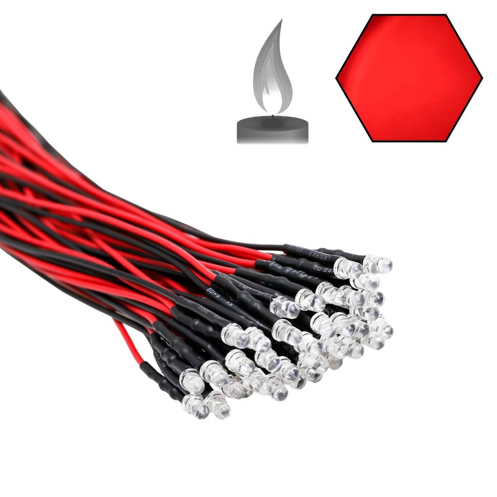 Red 3mm flicker LED diodes on black wire bundle, multiple leads