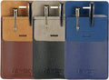 Set of leather pocket pen holder pouches with pens clipped, in tan, gray, and blue