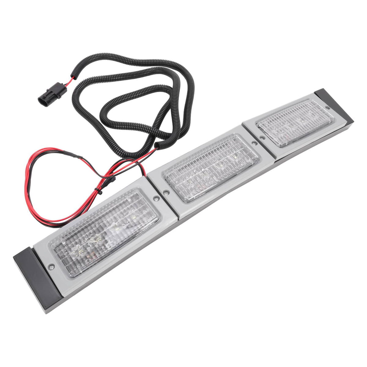 Angled view of 3-LED headlight light bar with wiring harness and red/black leads