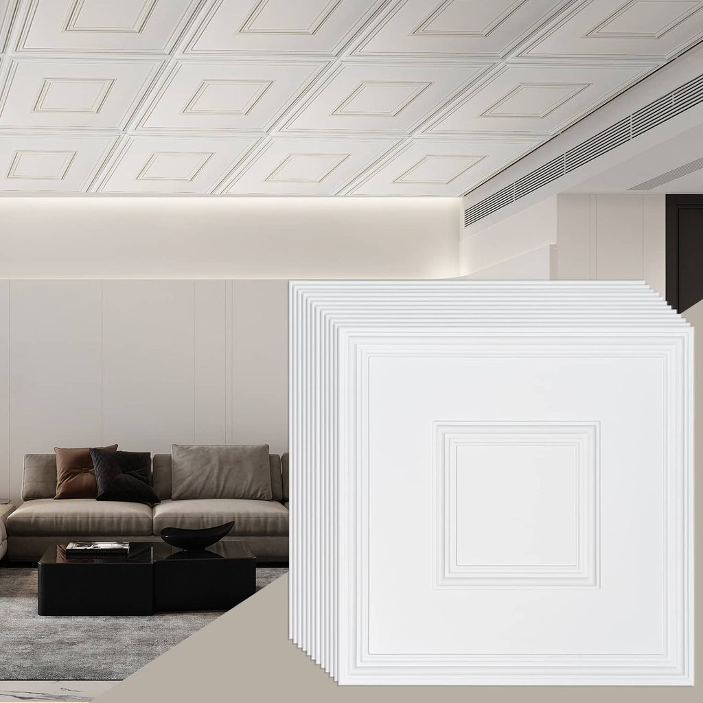 White PVC ceiling tiles with square geometric frame pattern, 24 x 24 in