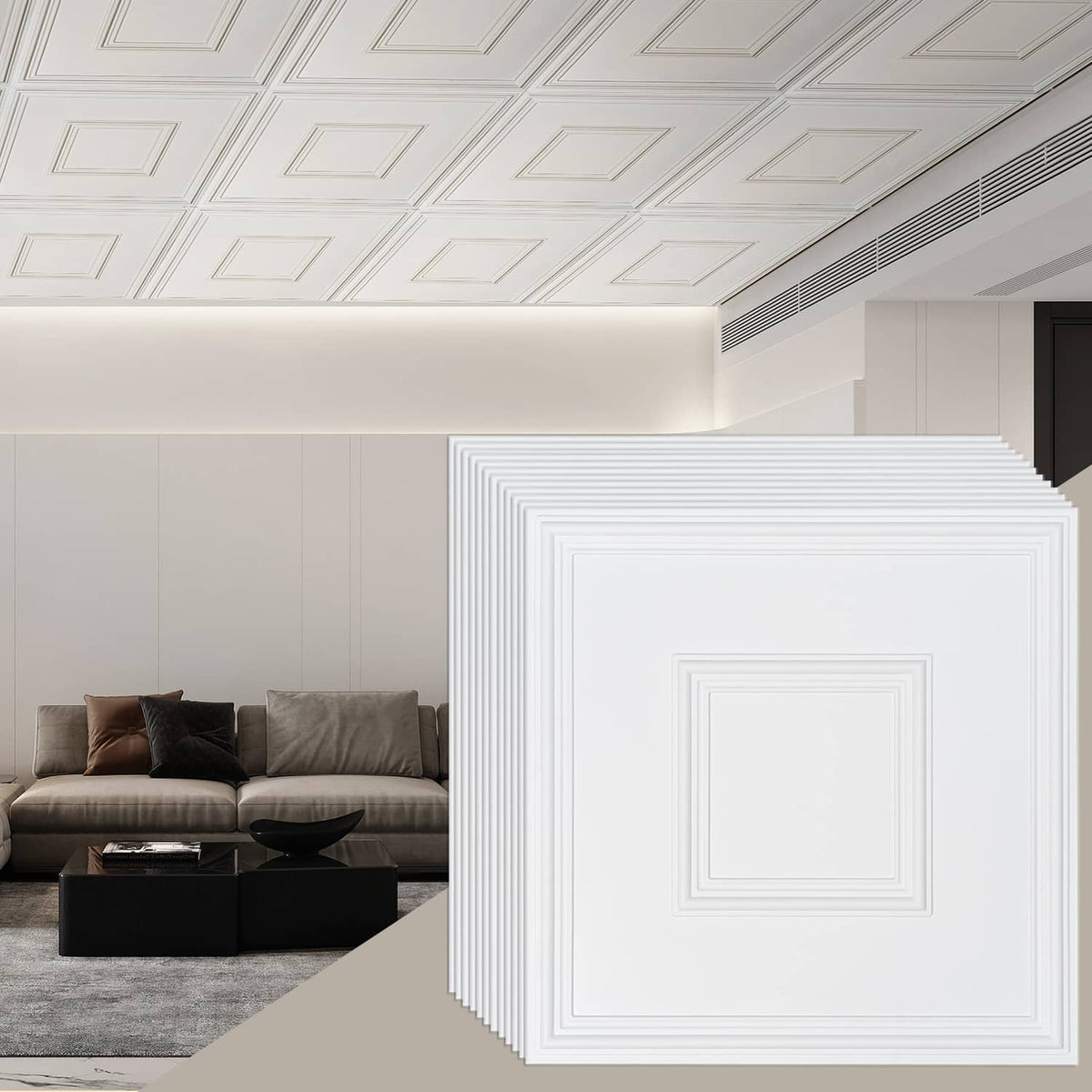 White PVC ceiling tiles with square geometric frame pattern, 24 x 24 in
