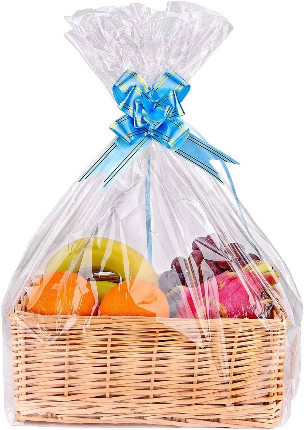 Clear cellophane basket bag with blue bow, filled gift items in a wicker basket.