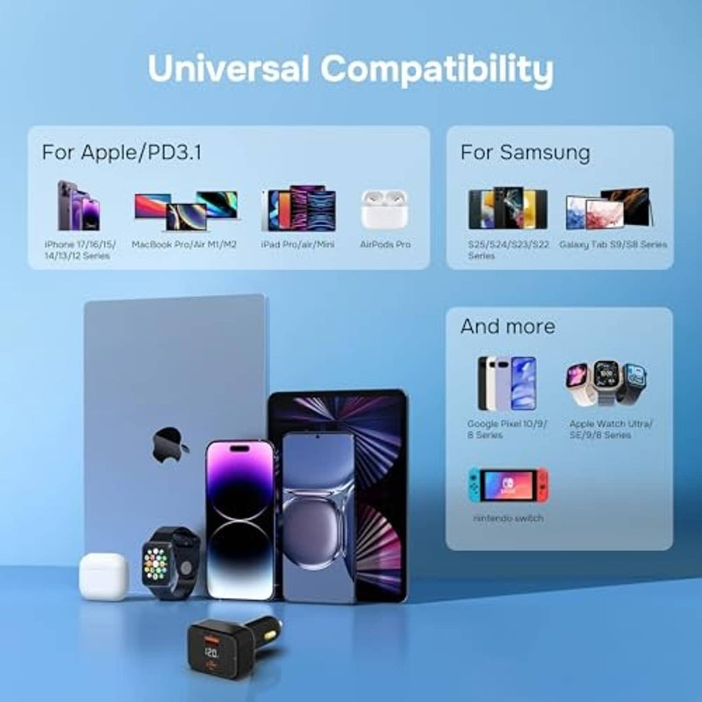 Compact black USB-C car charger with dual ports for wide device compatibility