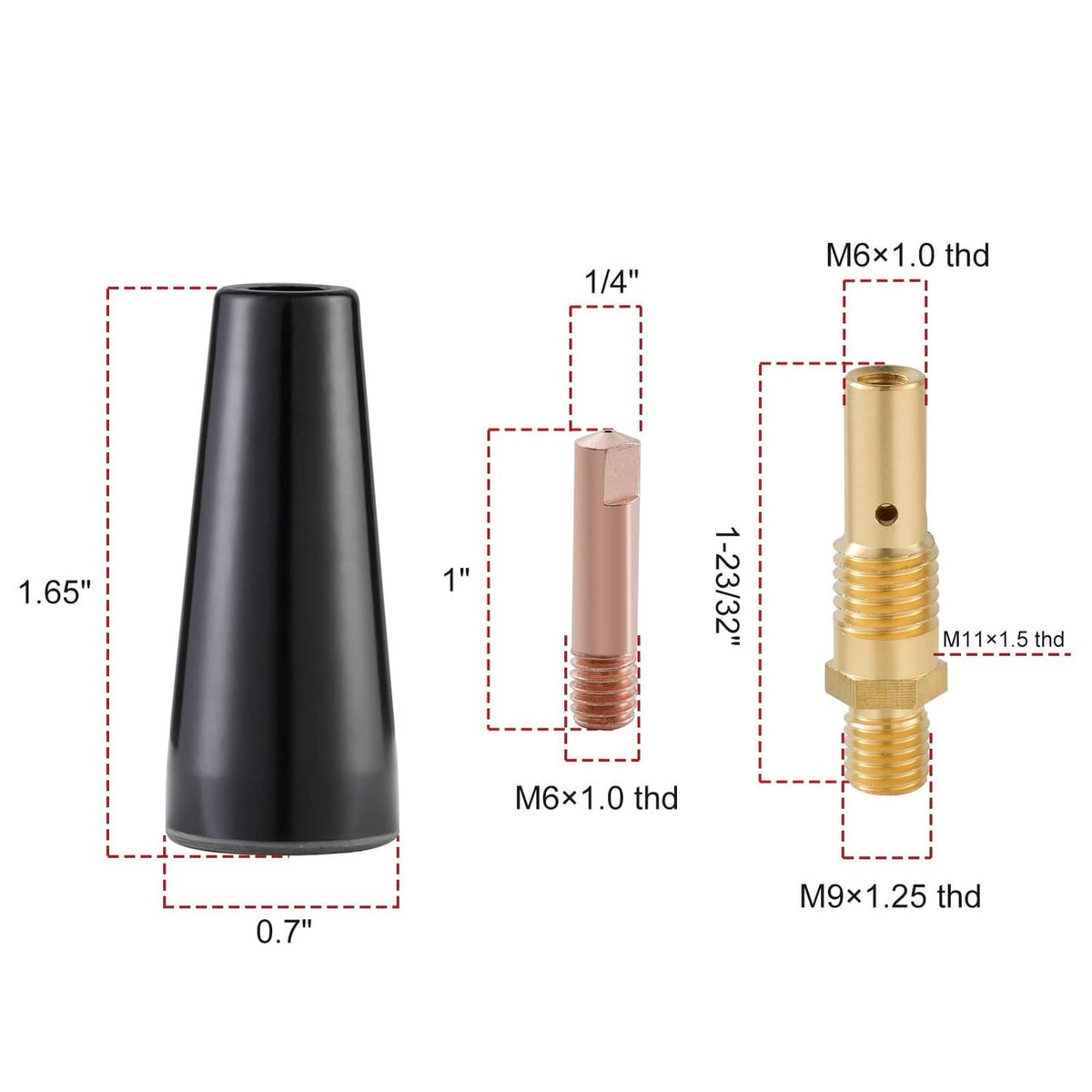 MIG nozzle and copper contact tip with size measurements and thread specs