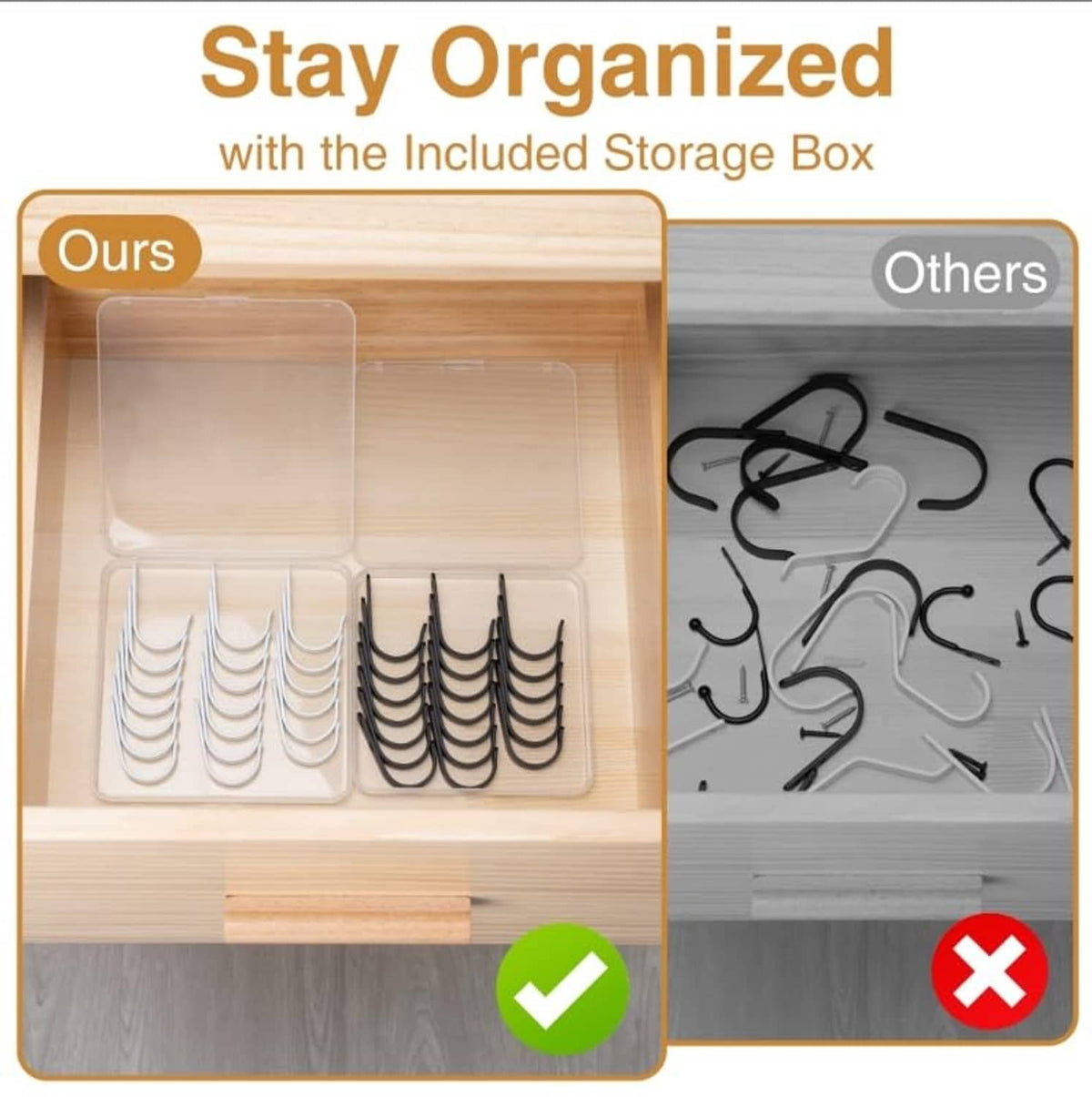 Clear storage box with organizer compartments for black wall hooks
