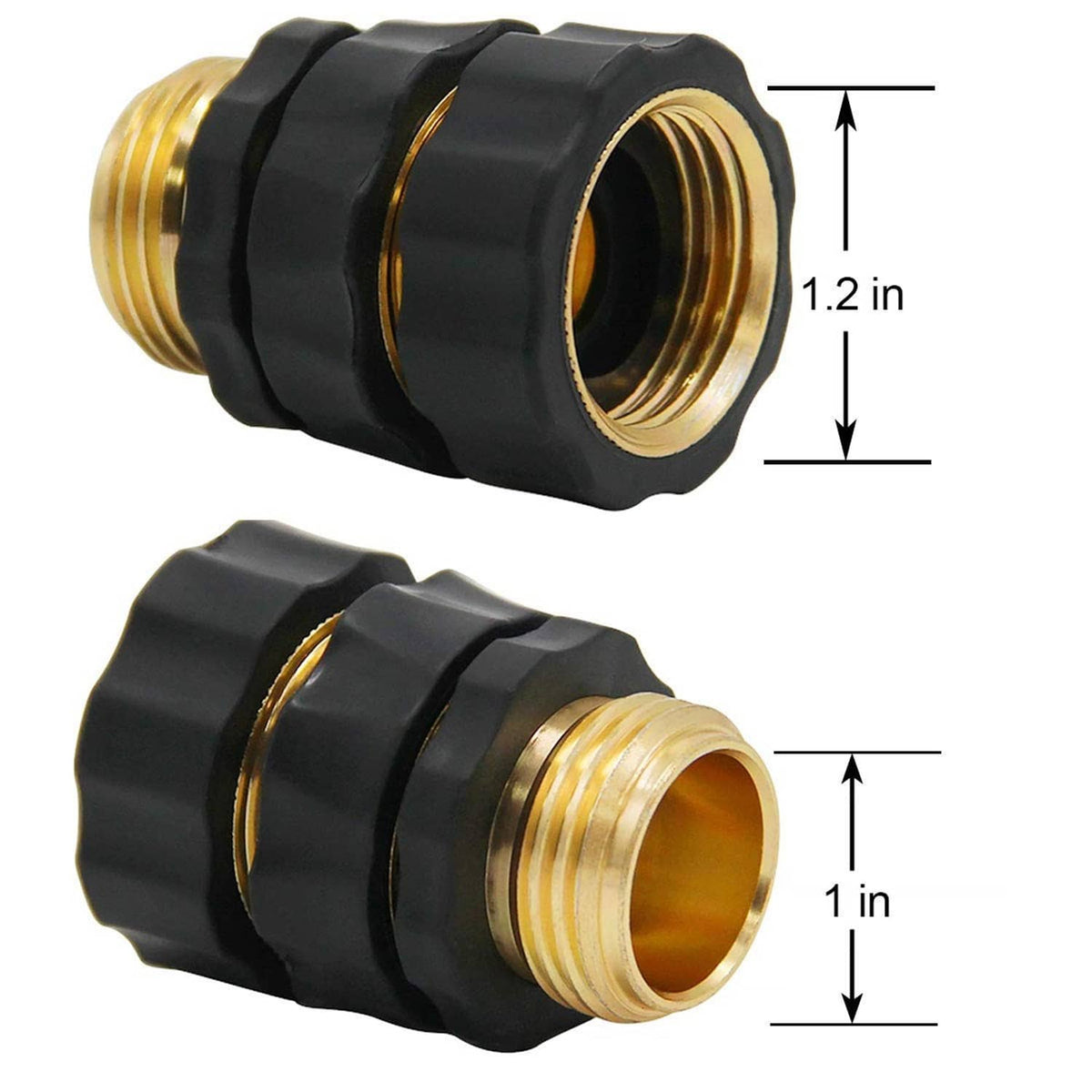 Garden hose connector, black plastic body with gold brass threaded inlet, side view