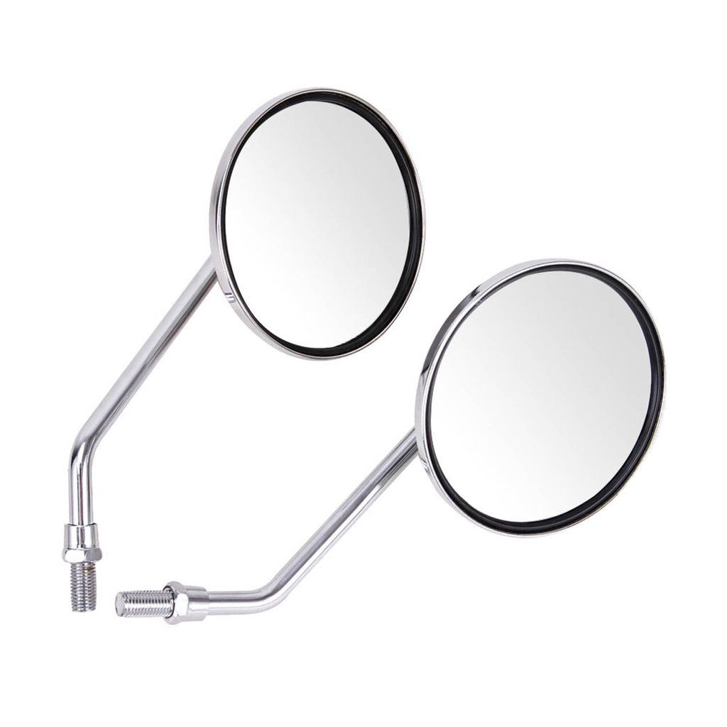 Pair of black-rim chrome round motorcycle rearview side mirrors with adjustable stems