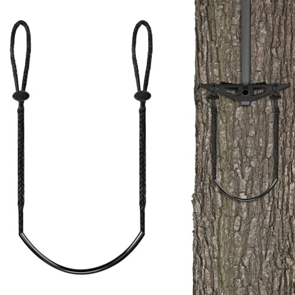 Single-step climbing stick aider with black braided rope loops and curved step
