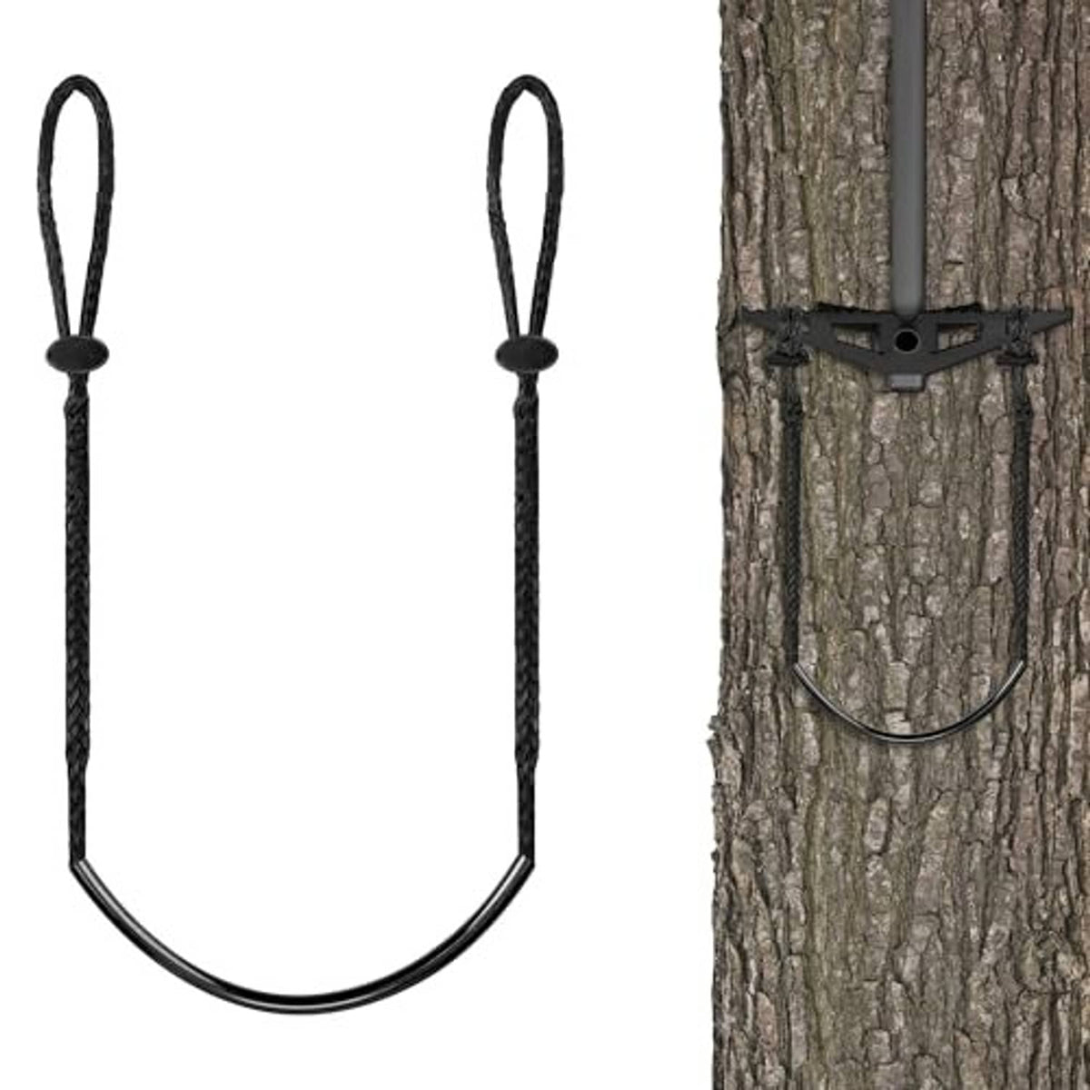 Single-step climbing stick aider with black braided rope loops and curved step