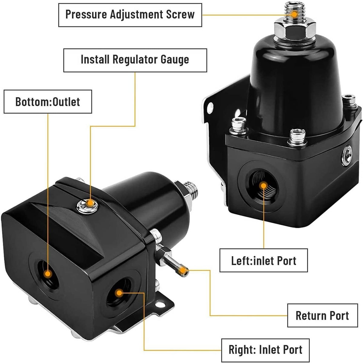 Fuel pressure regulator diagram showing inlet and outlet ports with adjustment screw