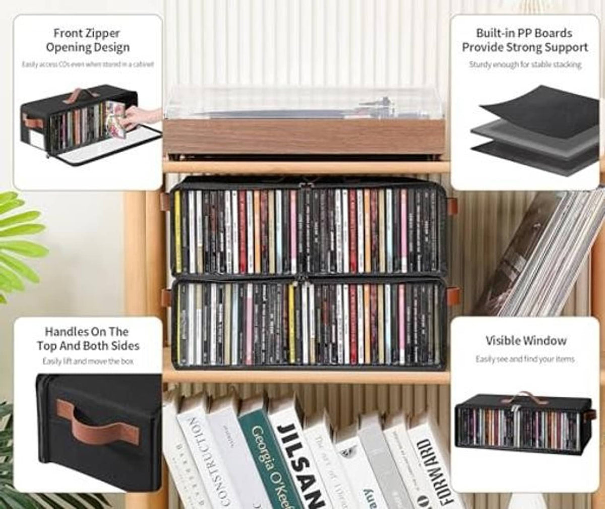Clear-front CD storage box with dual top handles and zipper opening, black fabric