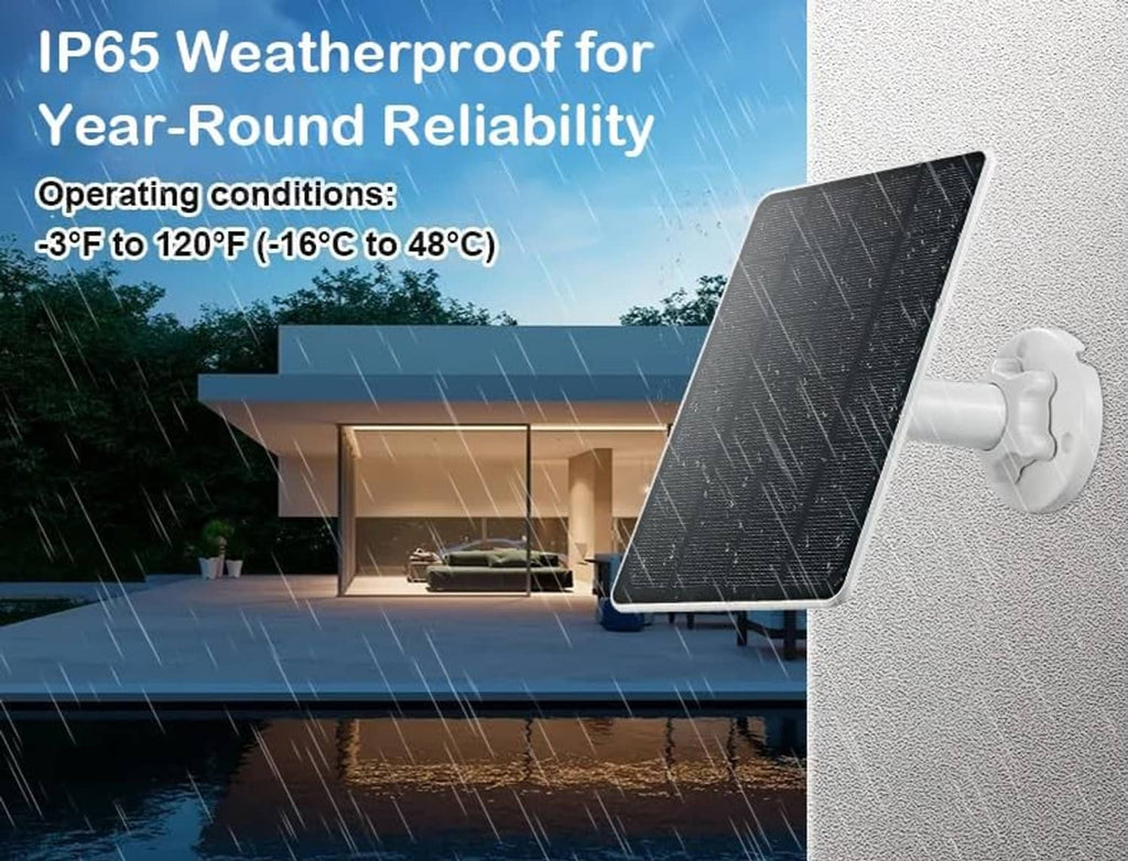 Weatherproof solar charger with black panel on white mount in rainy outdoor scene