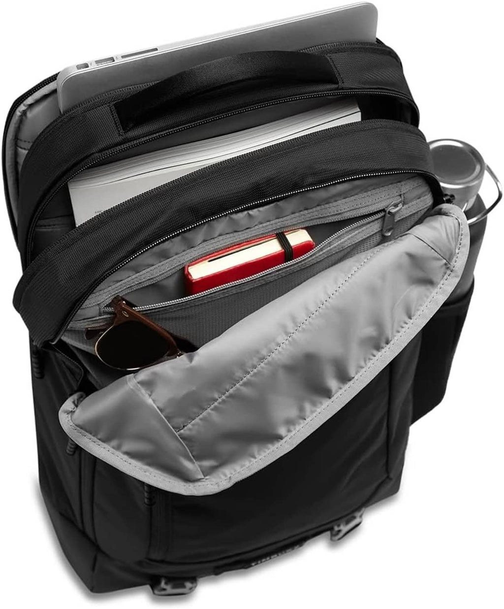 Black Authority laptop backpack open side showing gray interior pockets and zipper track