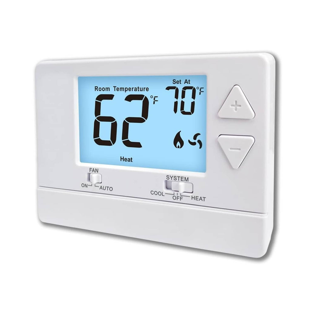 White digital non-programmable thermostat with blue backlit screen and control buttons
