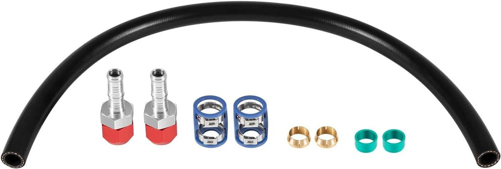 A/C line splice kit with 24-inch black hose and mixed fittings in red, blue, and brass