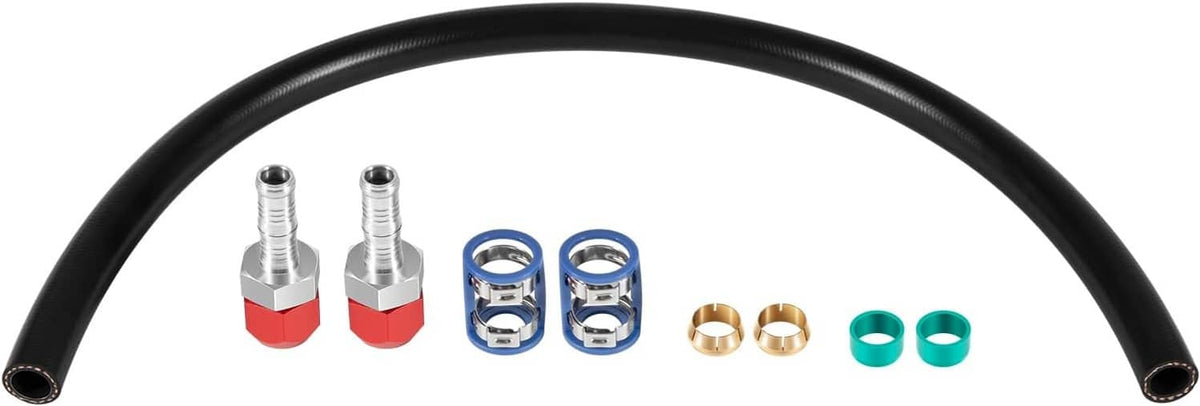 A/C line splice kit with 24-inch black hose and mixed fittings in red, blue, and brass