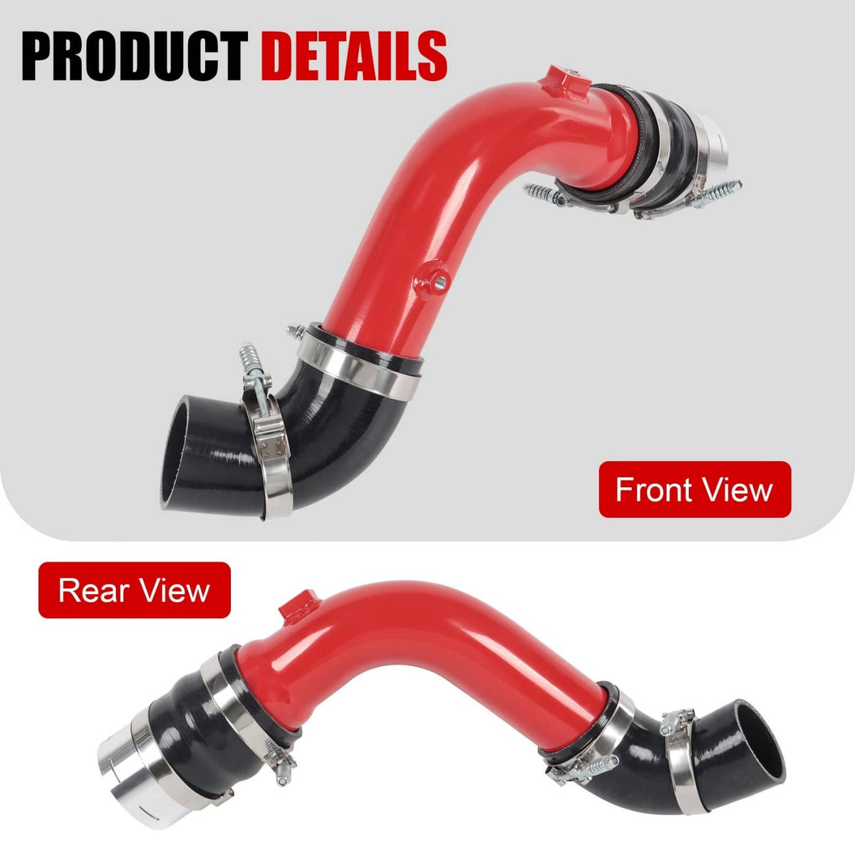 Red intercooler hose with black silicone elbow and metal band clamps, front and rear views