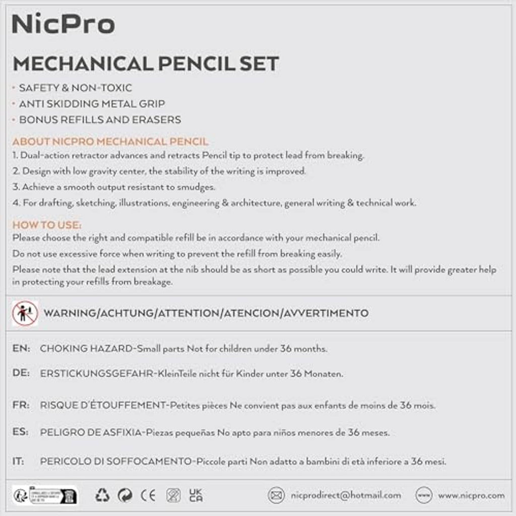 NicPro mechanical pencil set box with safety and usage information panel