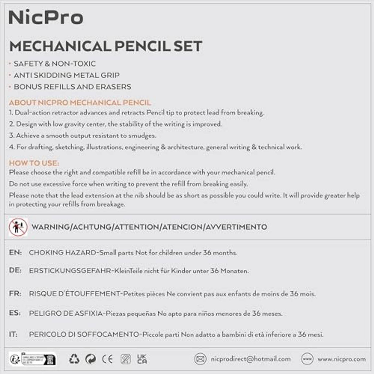 NicPro mechanical pencil set box with safety and usage information panel