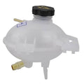 Front coolant reservoir tank with black cap, hose barb fitting, and mounting ears