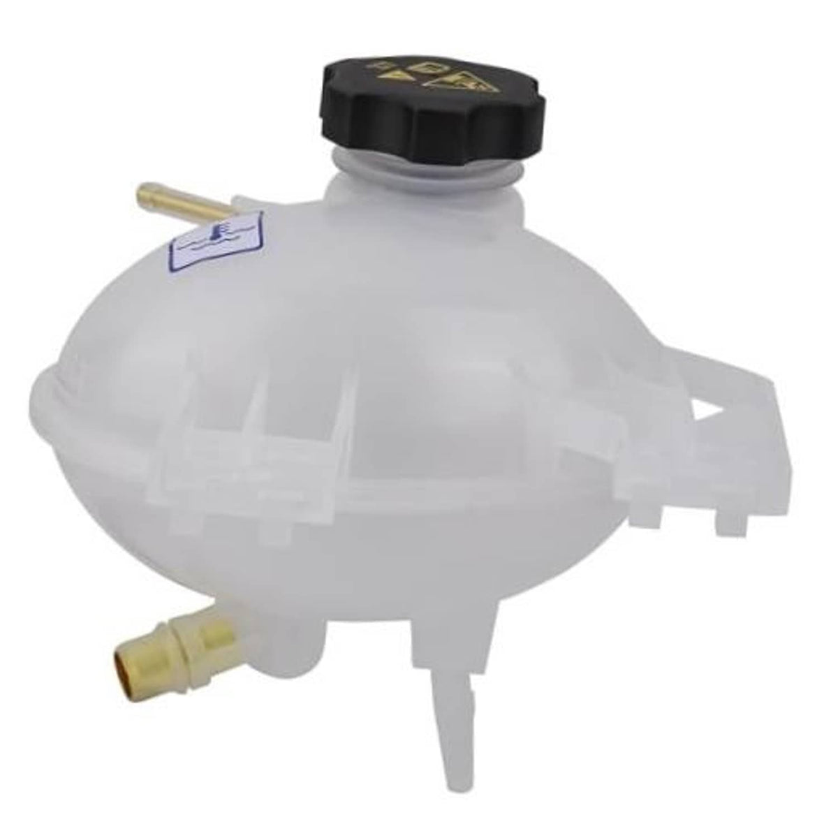 Front coolant reservoir tank with black cap, hose barb fitting, and mounting ears