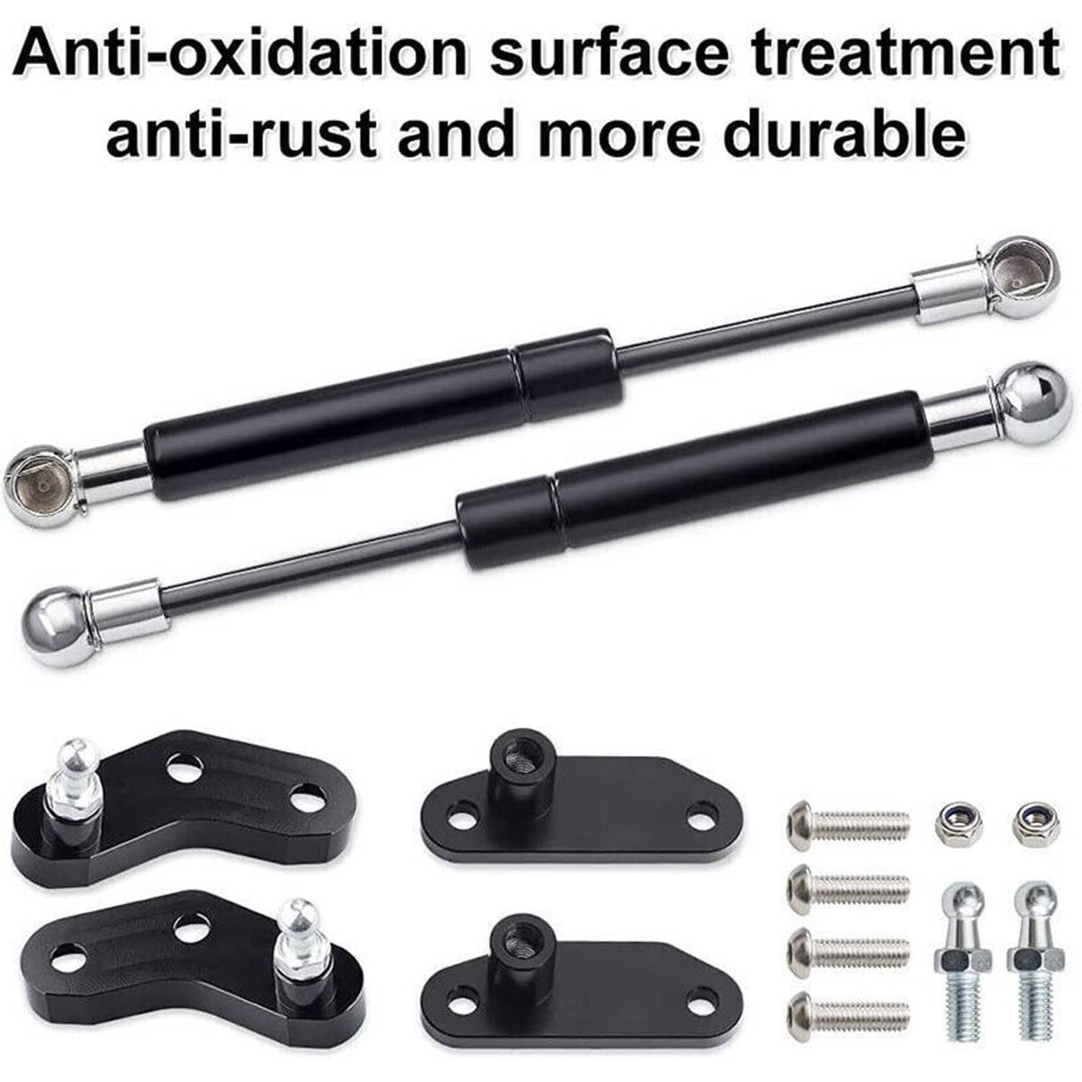 Pair of black door shocks with chrome ball ends, brackets, and included screws