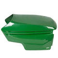 Green mower hood replacement cover with vented slots and curved top panel