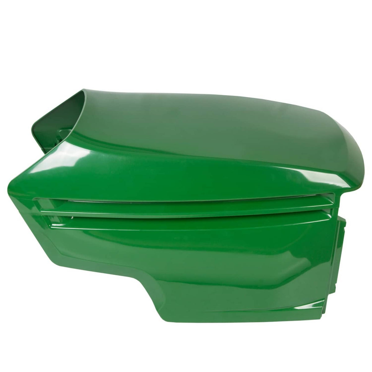 Green mower hood replacement cover with vented slots and curved top panel