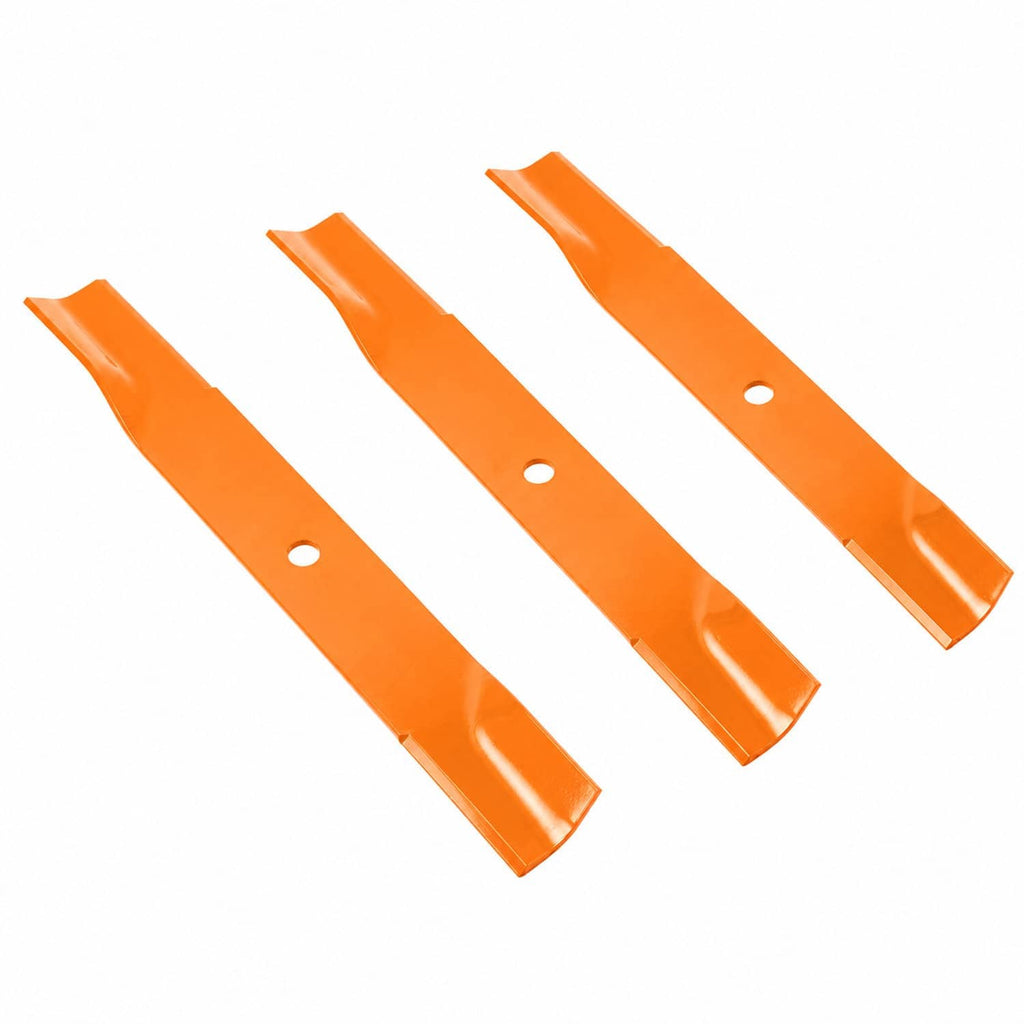 Three orange mower deck blades with mounting holes and curved edges