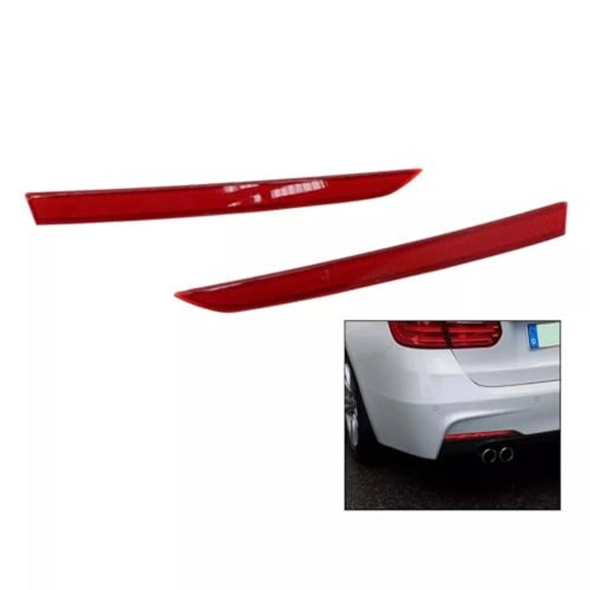 Red slim rear bumper reflector lenses, left and right, with small rear detail inset