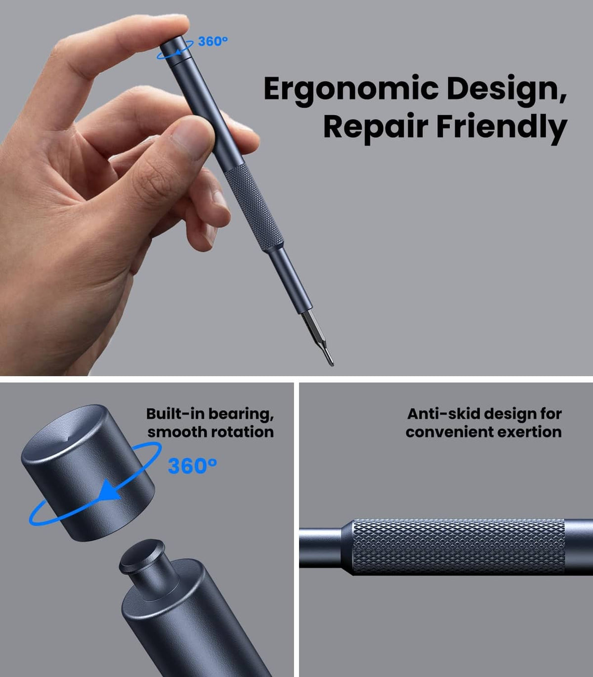 Ergonomic magnetic precision screwdriver in black held in hand, textured grip