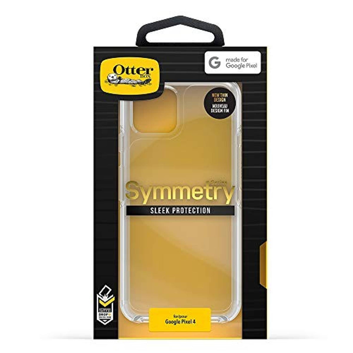 OtterBox Symmetry clear case retail package for Google Pixel 4 with phone image