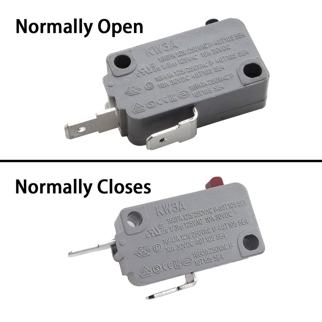 Microwave door switch with normally open and normally closes views, gray housing and red cap