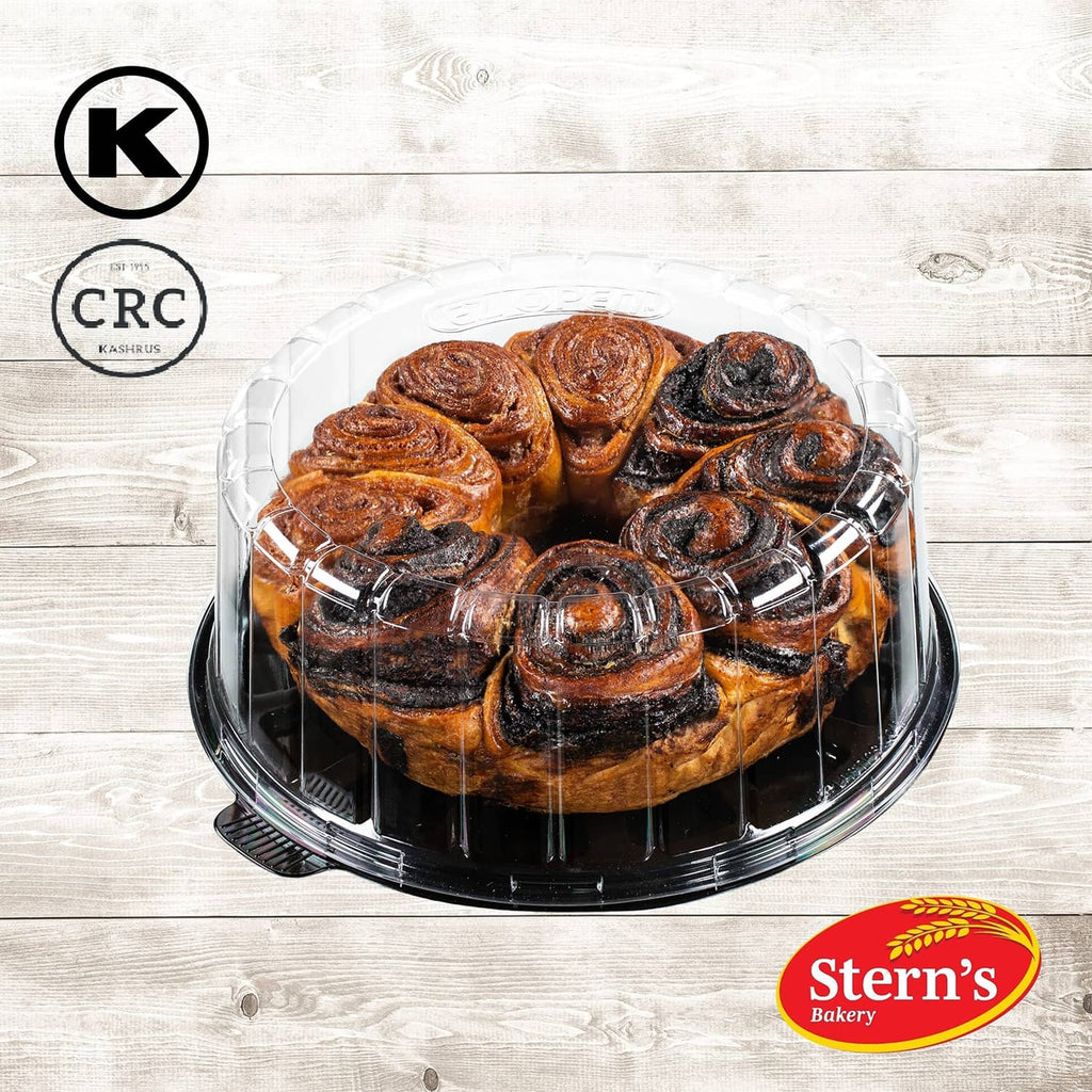 Chocolate and cinnamon babka cake in a clear plastic bakery container