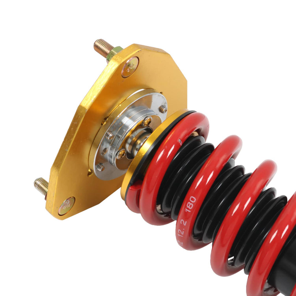Coilover strut assembly with red and black spring, gold top mount, and threaded stud