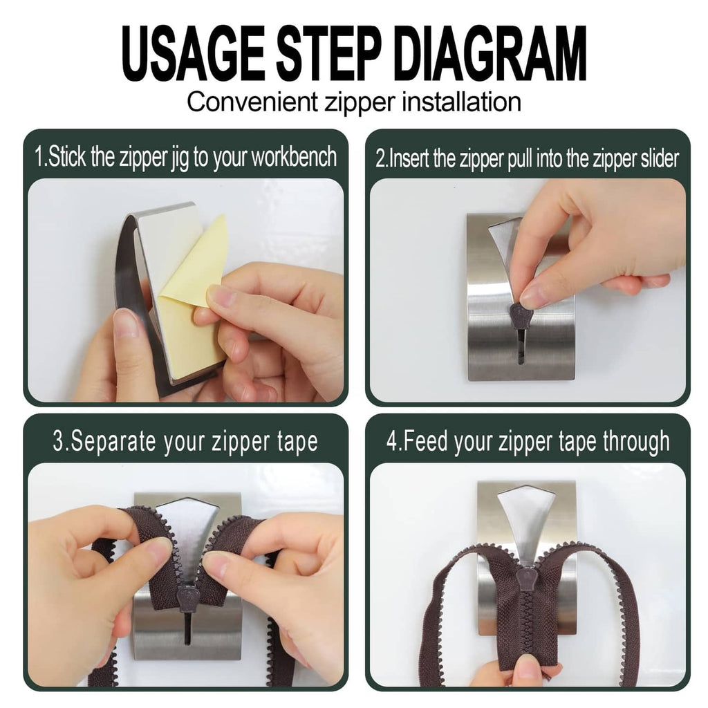 Zipper installation tool step diagram with zipper pull and slider placement