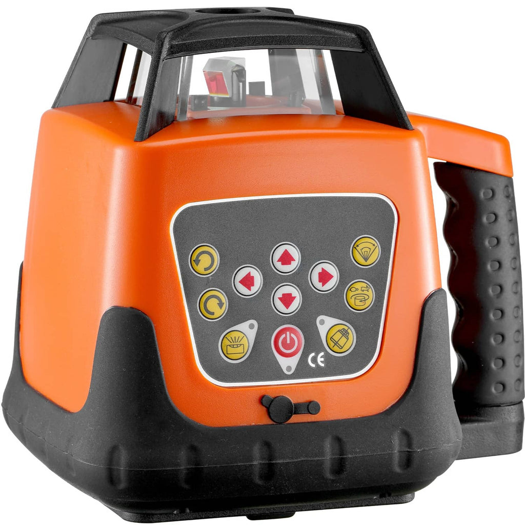Orange and black rotary laser level with front control panel and textured side grips