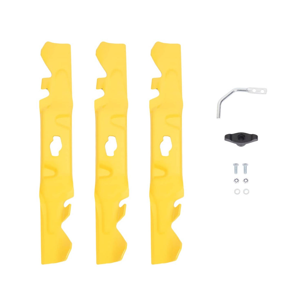 Yellow mulching blades set with mounting hardware and bracket pieces