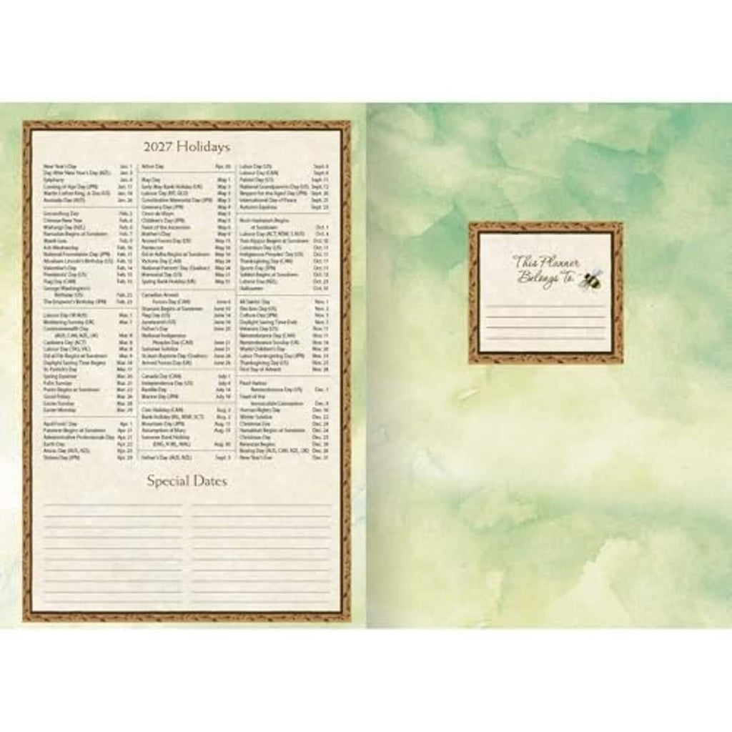 Planner back panel with 2027 holidays list on left and small notes card on right