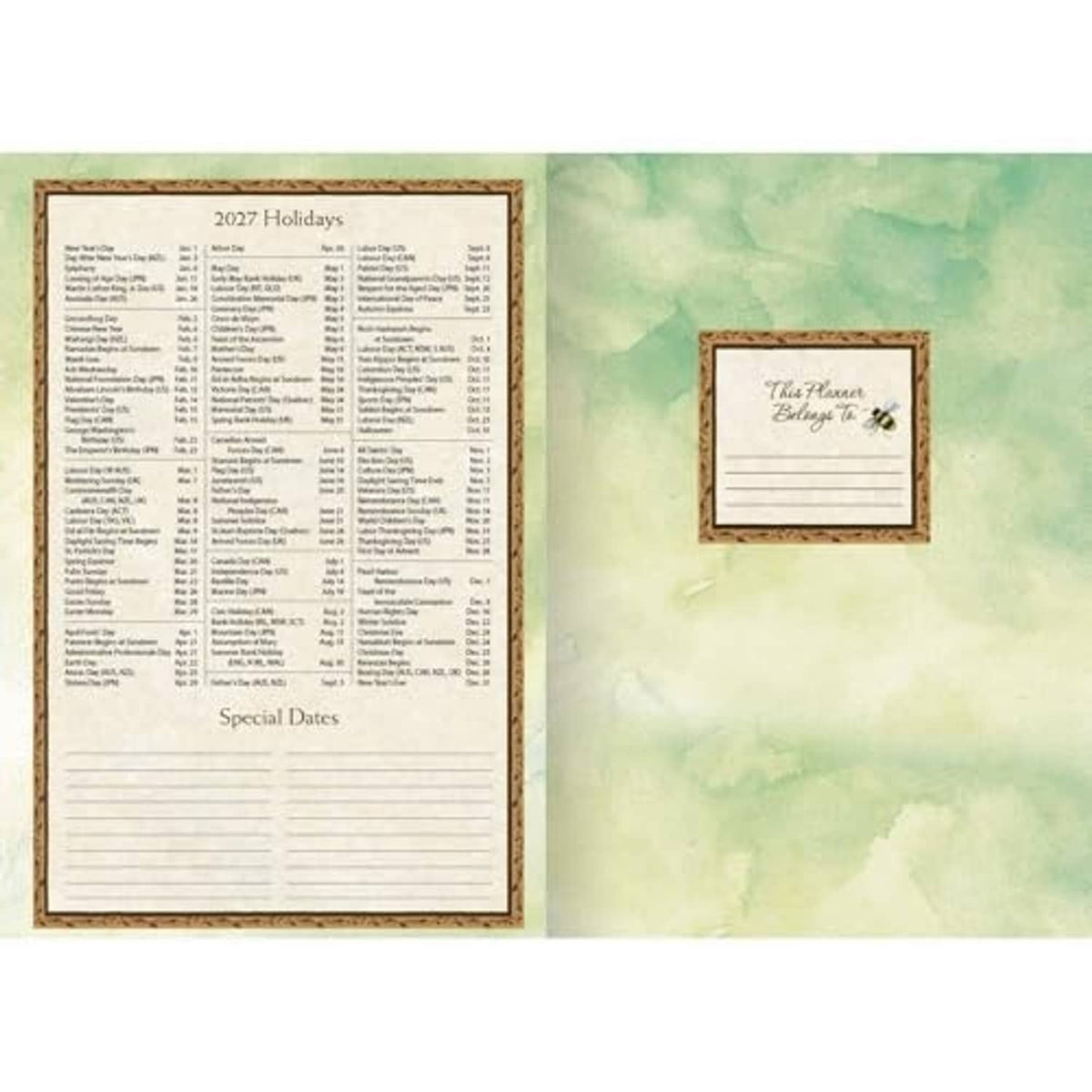 Planner back panel with 2027 holidays list on left and small notes card on right