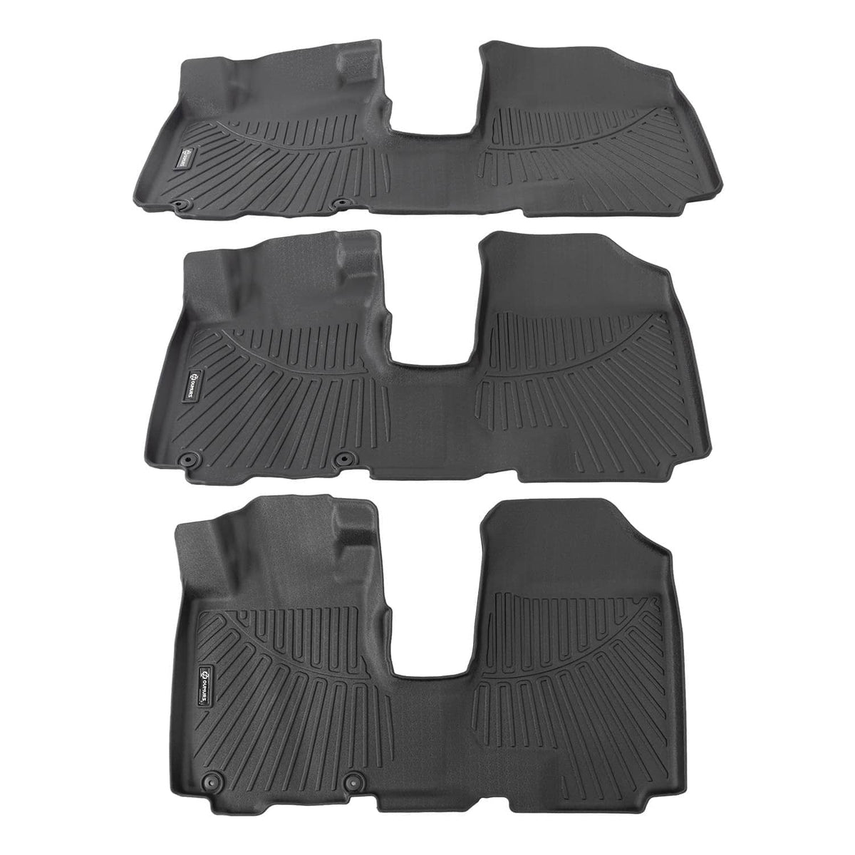 Three black TPE floor mats arranged with molded channels and raised grip ridges