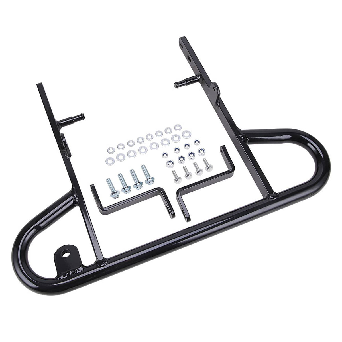 Black steel rear grab bar bumper with U-shaped guard and mounting hardware kit