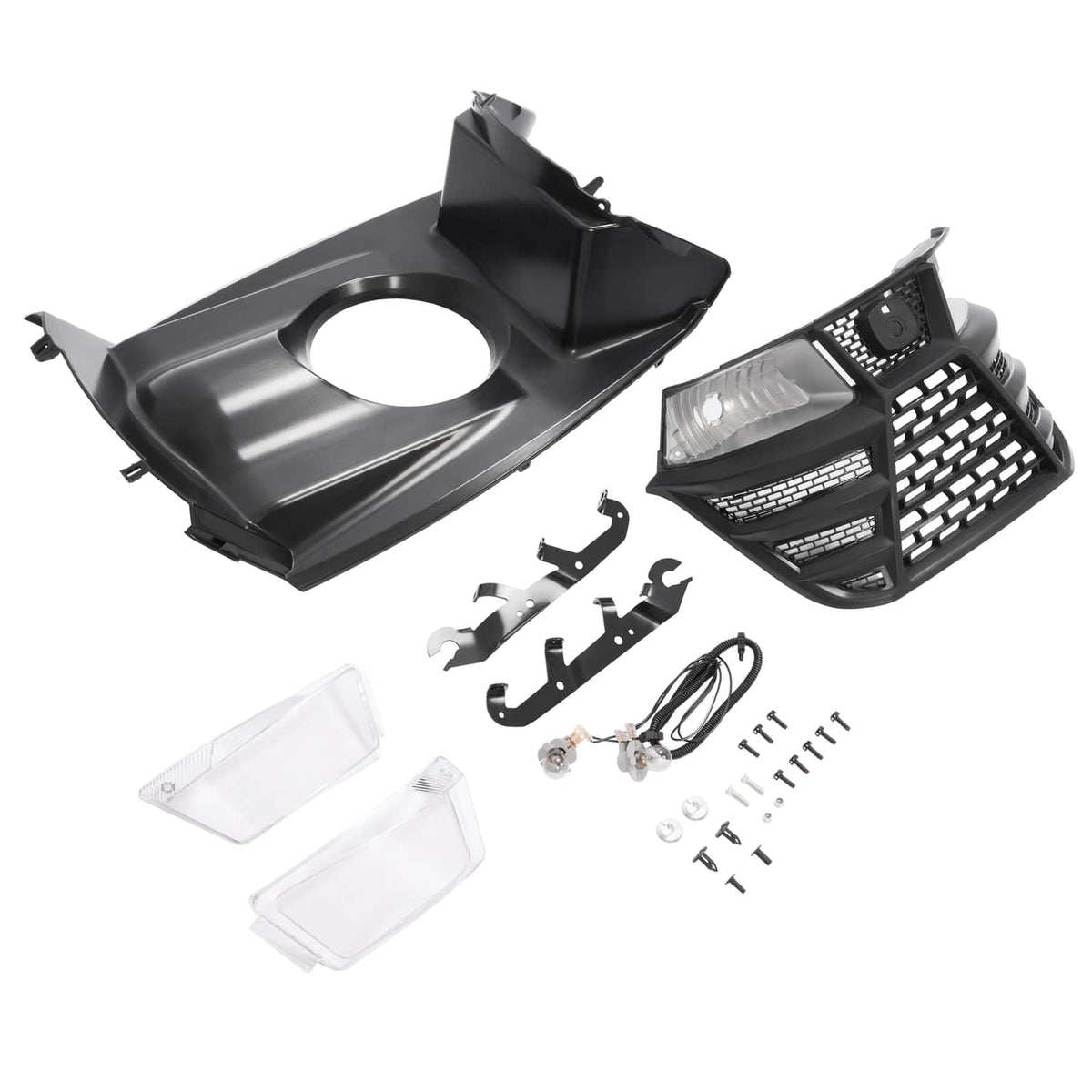 Headlight grille and housing kit with mounting parts and wiring, matte black