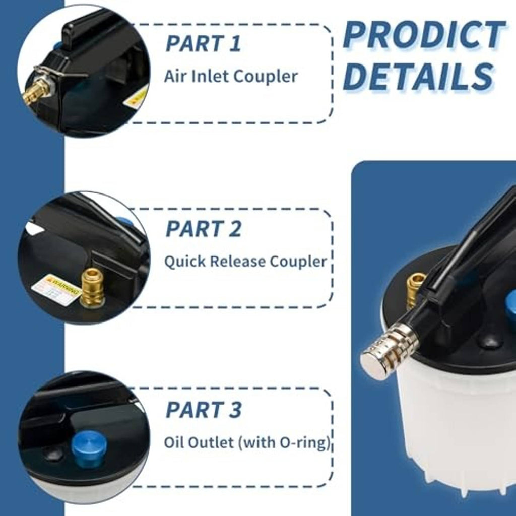 Vacuum brake bleeder kit coupler connectors with gold fittings and black tank