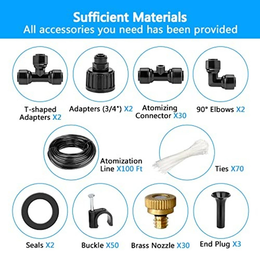 Outdoor black misting system kit parts with connectors, nozzles, seals, and end plug
