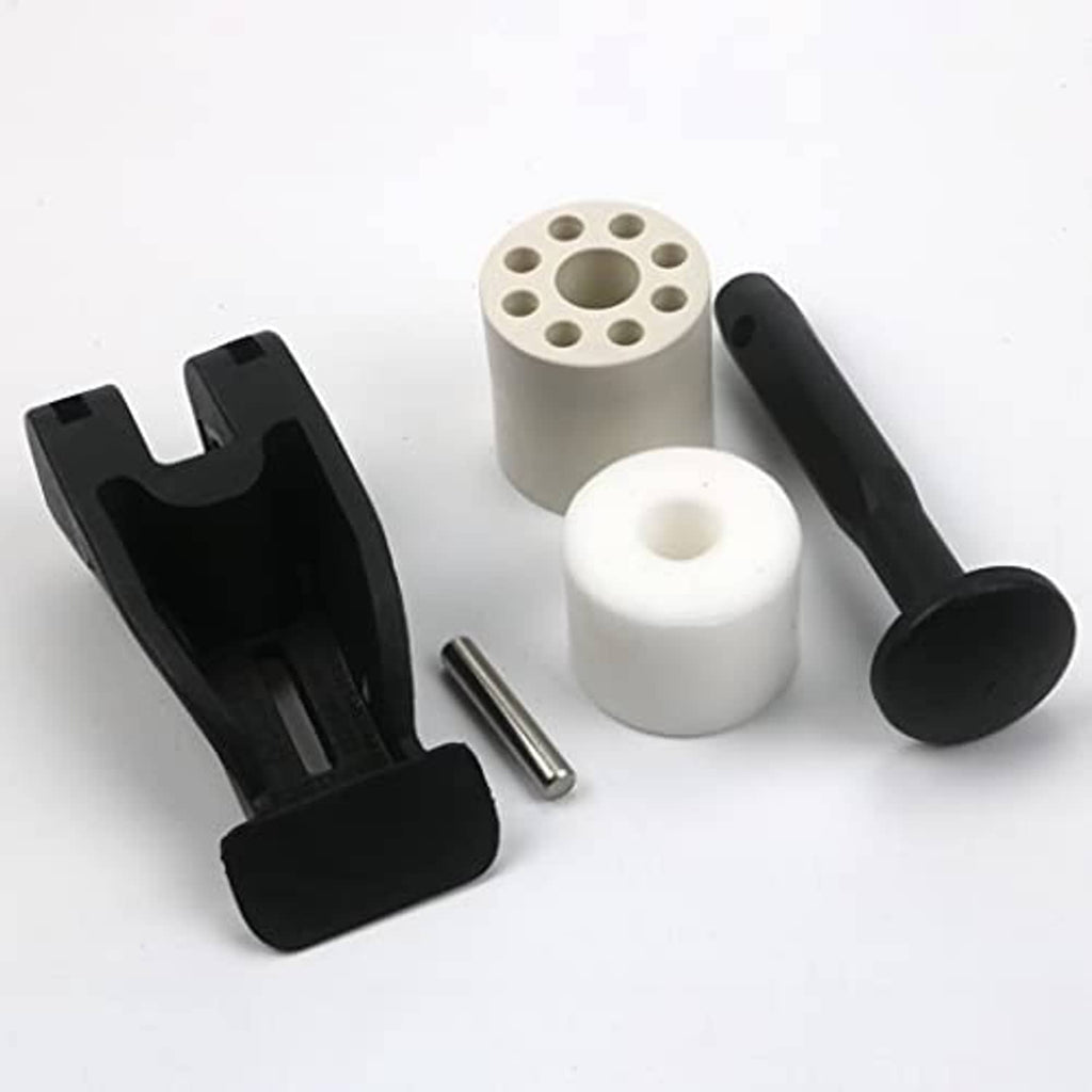 Front storage rack latch hardware set with black latch, white spacers, metal pin