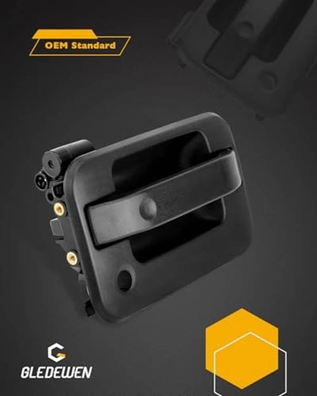 Exterior door handle, matte black plastic housing shown at an angle