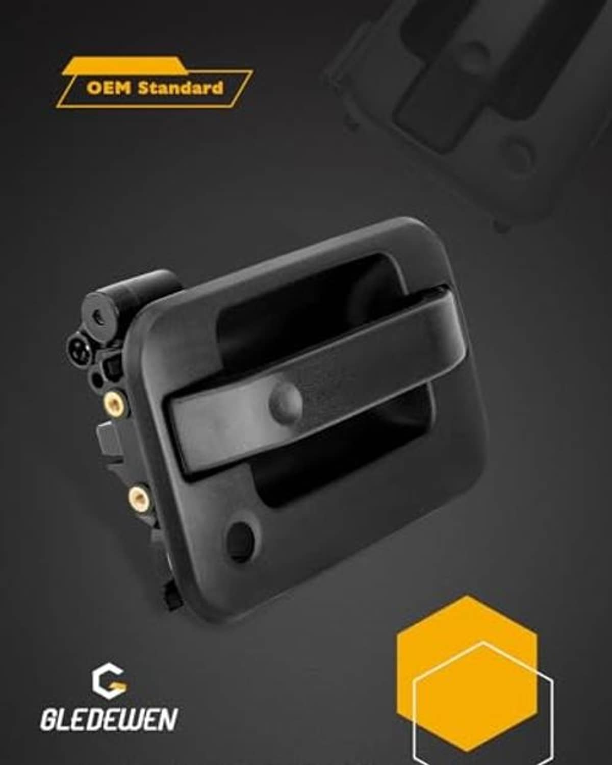 Exterior door handle, matte black plastic housing shown at an angle