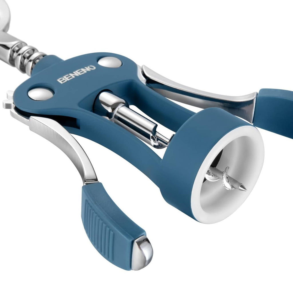 Blue and chrome wing corkscrew bottle opener with ergonomic handles and screw mechanism.