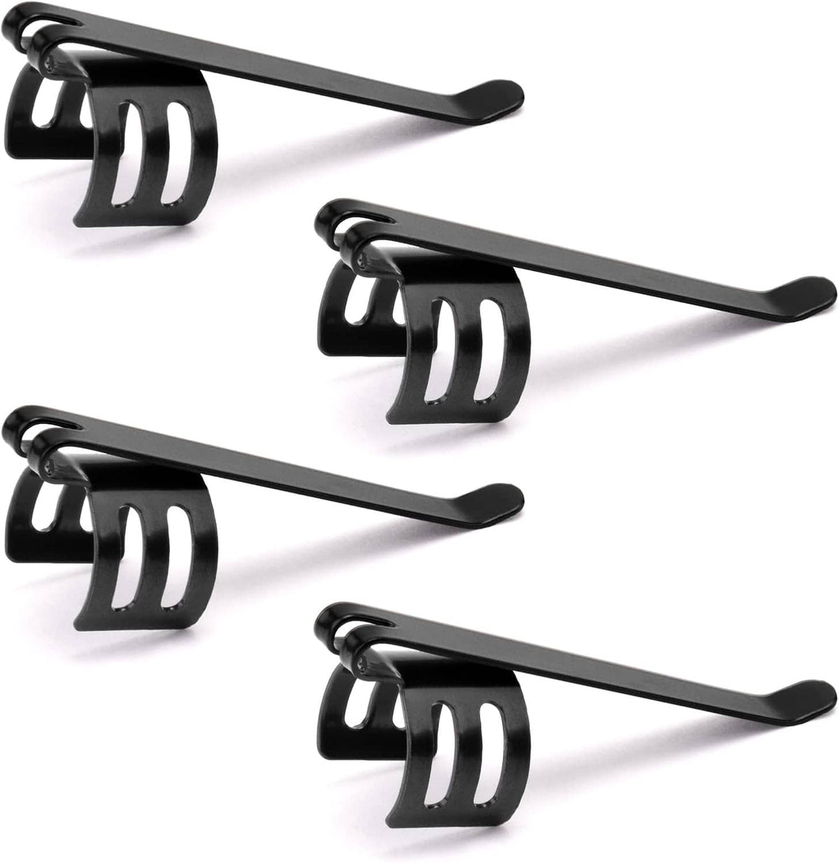 Set of black flashlight clips with springy clamp arms and side bar holder